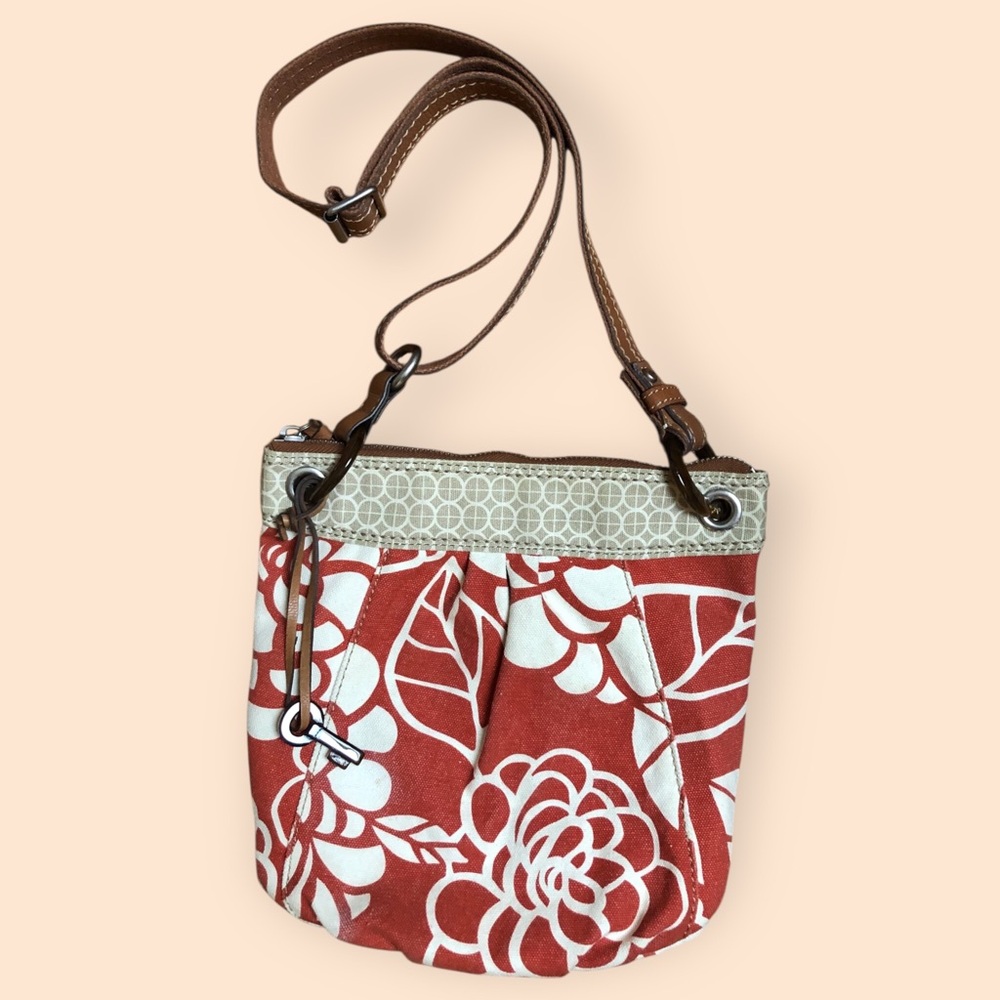 Fossil Key Per Canvas Adjustable Crossbody Bag Floral Patterned Boho Casual Cute